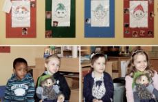 Im Kindergarten: ein Foto von den Bildern, die die Kinder gemalt haben und Fotos von den Kindergartenkinder