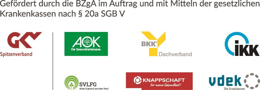 Logos der sechs Kassenarten und des GKV-Spitzenverbandes, die gemeinsam unter dem GKV-Bündnis für Gesundheit Projetke gemäß § 20a SGV fördern. 