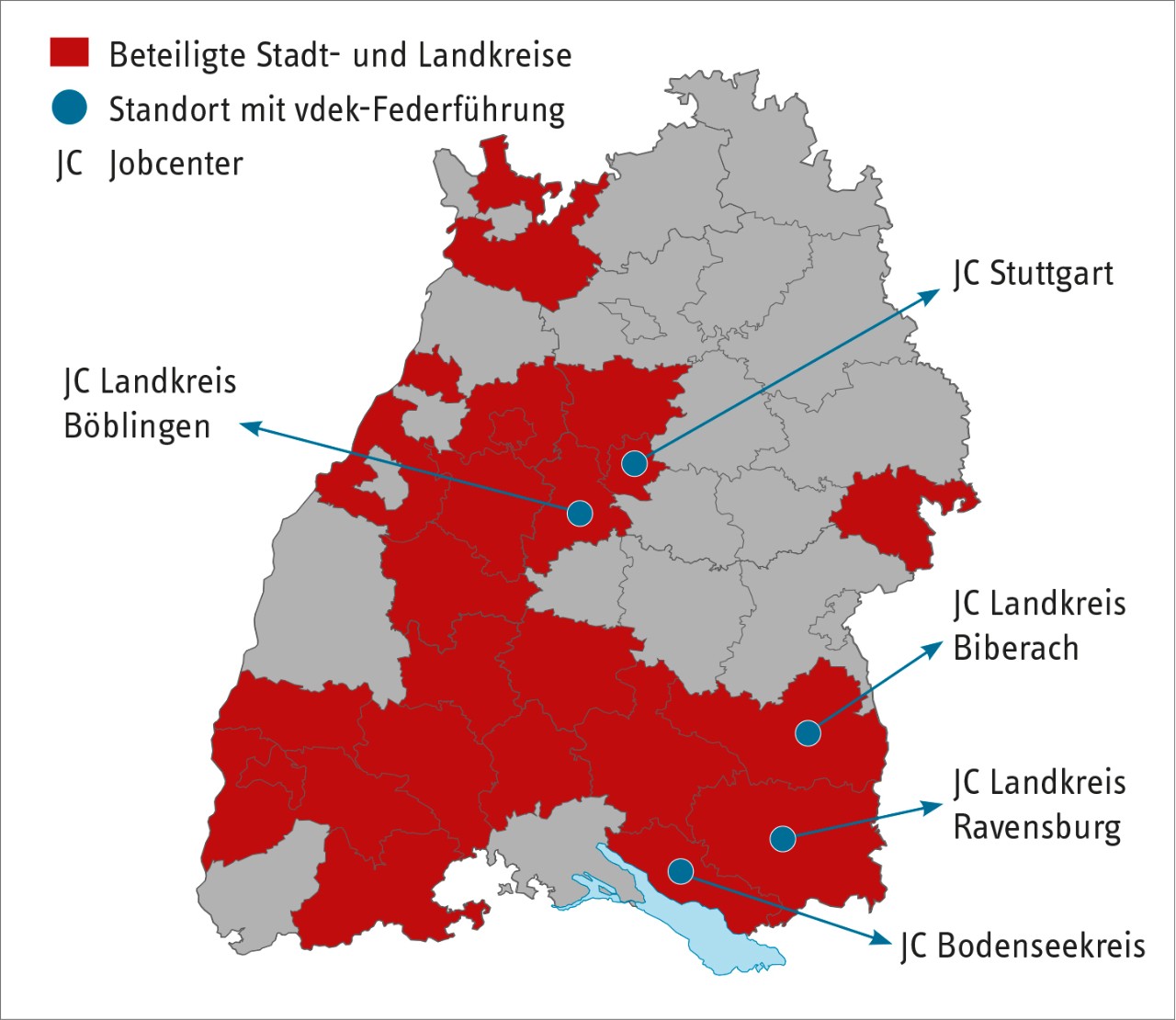 Baden-Württemberg Karte der beteiligten Jobcenter mit vdek-Federführung 