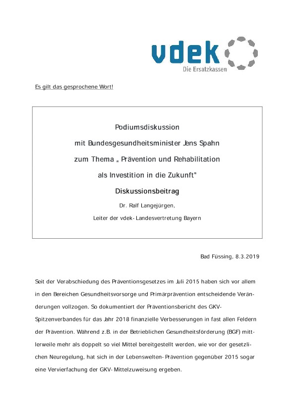 Podiumsdiskussion mit Bundesgesundheitsminister Jens Spahn zum Thema „Prävention und Rehabilitation als Investition in die Zukunft“, Bad Füssing, 8.3.2019