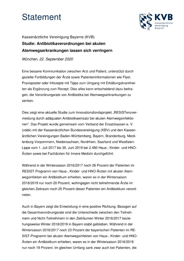 Statement der Kassenärztlichen Vereinigung Bayerns 2020-09-22_KVB-Statement_RESIST