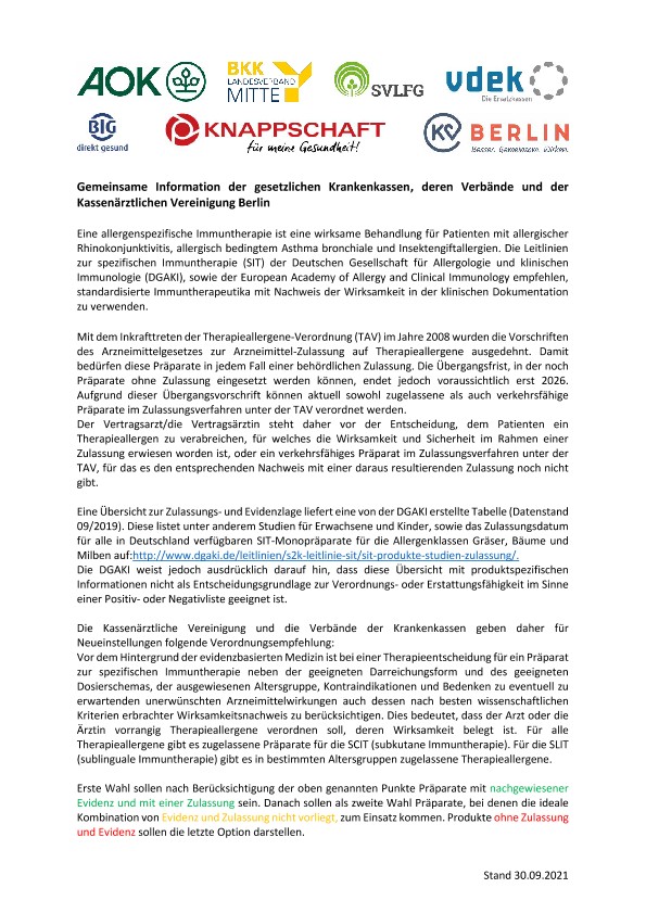 Gemeinsame Information zur spezifischen Immuntherapie
