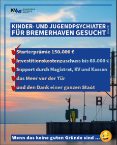 Suchanzeige der Kassenärztlichen Vereinigung Bremen für Kinder- undJugendpsychiater in Bremerhaven