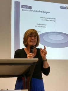 Frau mit blauem Rock und Mikro vor Präsentation
