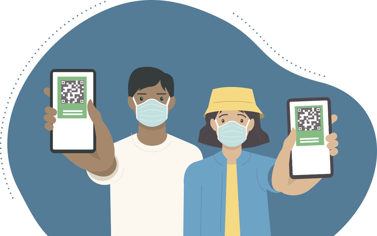 Young vaccinated people using digital health passports. Adult man and woman showing an app in mobile phone. Immunization certificate with qr code on device screen. Green immunity CovPass application. 