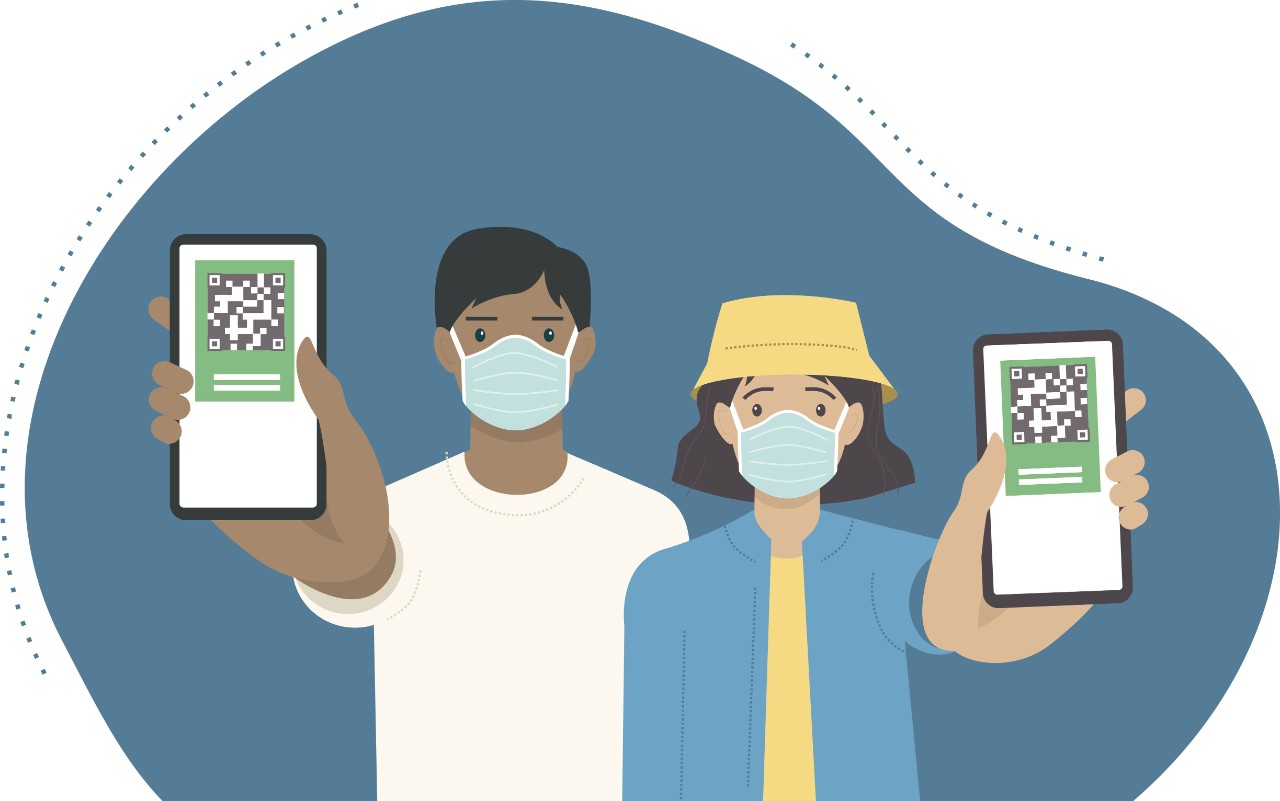 Young vaccinated people using digital health passports. Adult man and woman showing an app in mobile phone. Immunization certificate with qr code on device screen. Green immunity CovPass application. Young vaccinated people using digital health passports. Adult man and woman showing an app in mobile phone. Immunization certificate with qr code on device screen. Green immunity CovPass application.