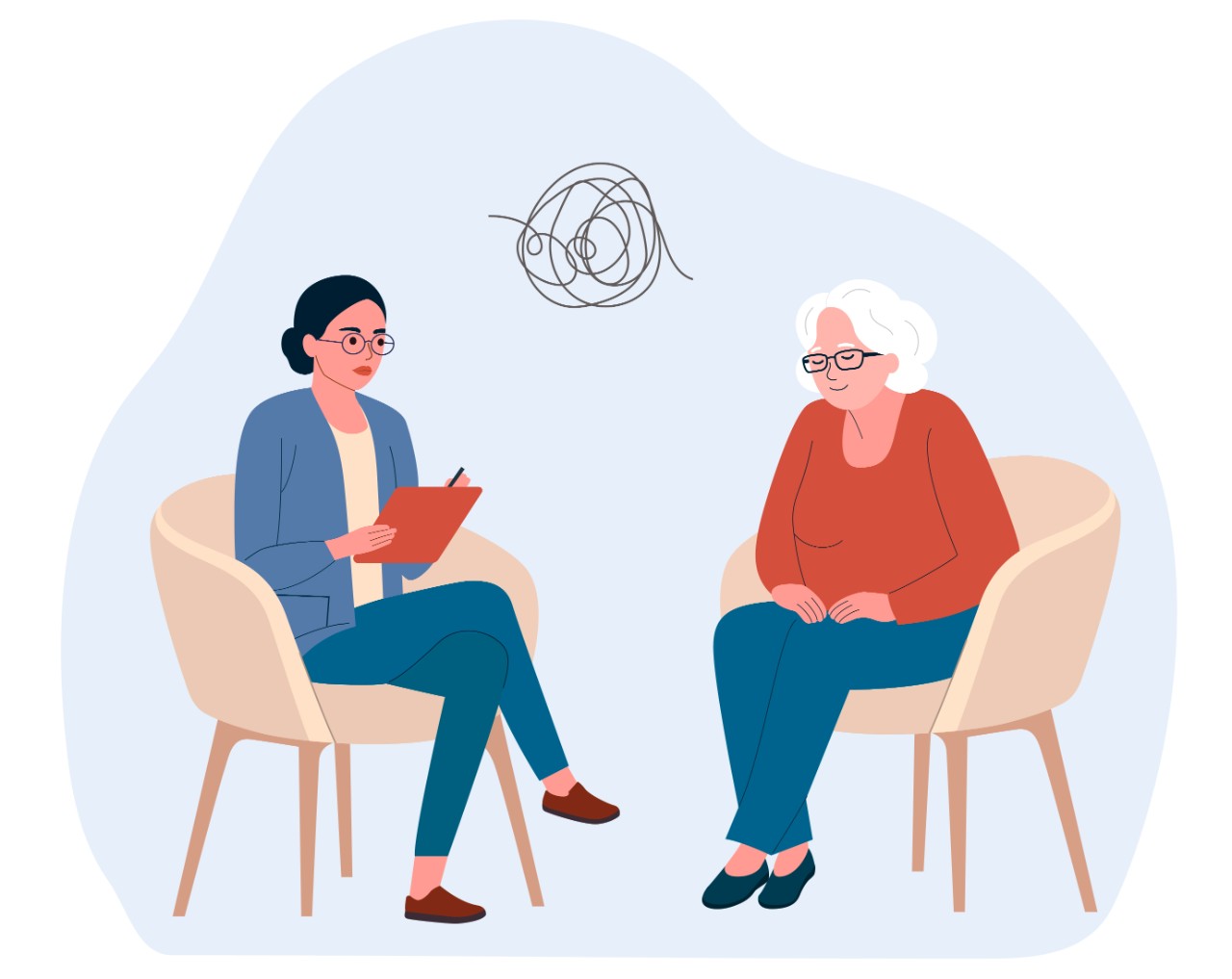 Illustration Psychotherapeutin im Gespräch mit Seniorin