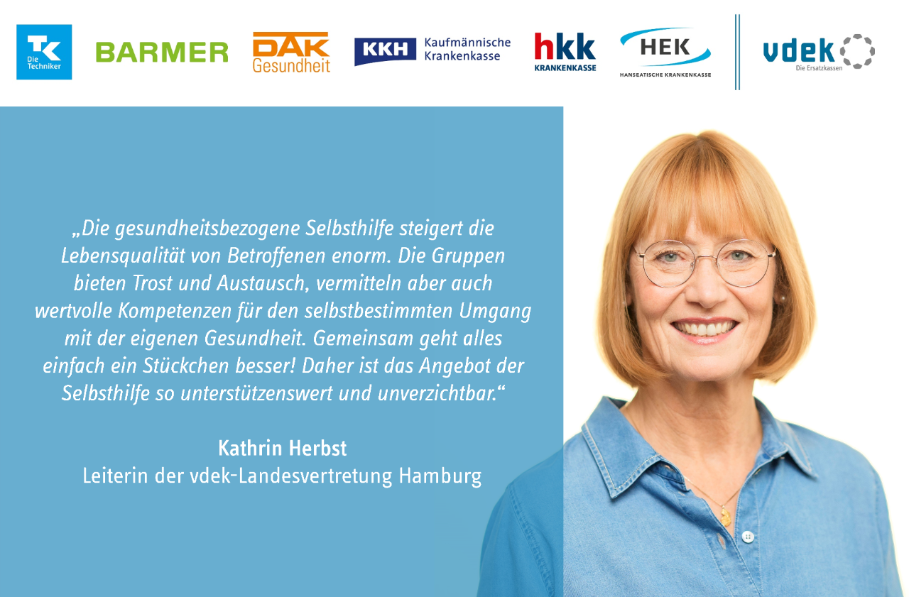 Kachel mit einem Statement der Leiterin der vdek-Landesvertretung, Kathrin Herbst, zur Förderung der gesundheitsbezogenen Selbsthilfe