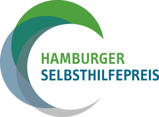 Logo des Hamburger Selbsthilfepreises. Abgebildet werden mehrere übereinanderliegende Halbmonde in den Farben blau, grün und grau