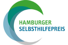Logo mit Schriftzug Hamburger Selbsthilfepreis, umschlossen von drei sich überschneidenden, farbigen Halbkreisen