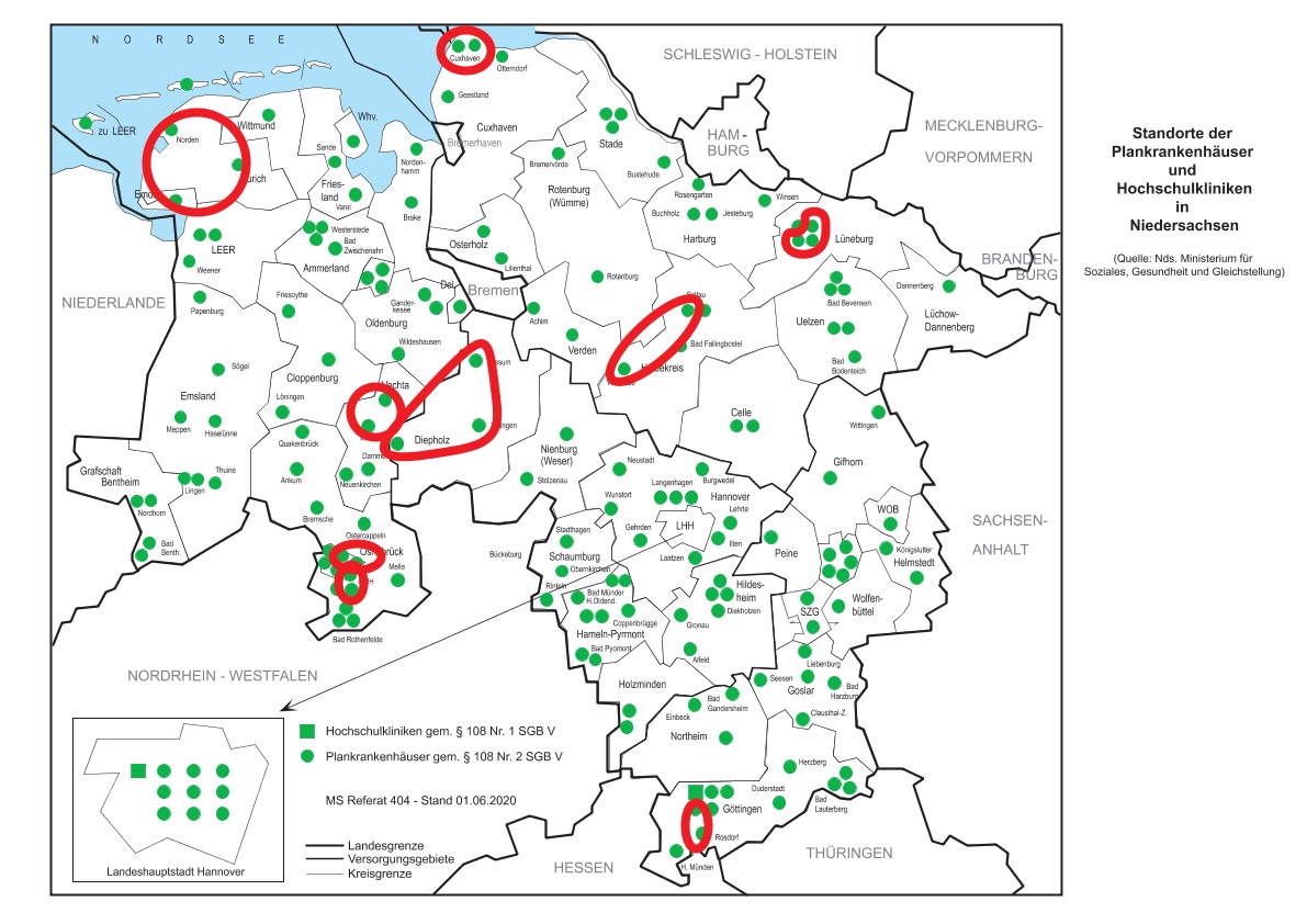 Niedersachsen-Karte mit Krankenhausstandorten und markierten Fusionsprojekten