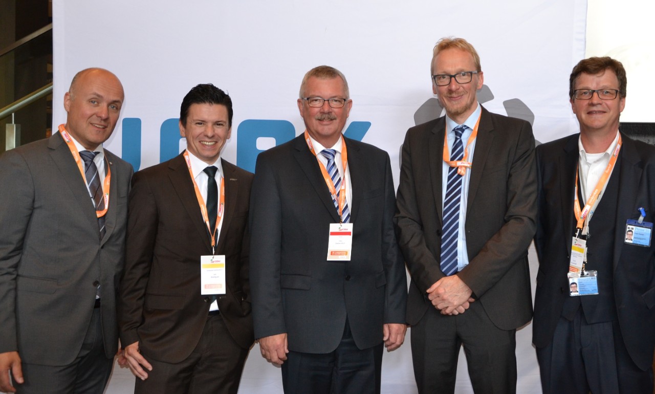Foto vom CDU Landesparteitag 2016 - v.l.n.r.:  Dr. Mathias H&ouml;schel (GPA), Joao Rodrigues (BARMER GEK), Oskar Burkert (CDU-Landtagsabgeordneter), Dirk Ruiss (vdek) und Frank Rudolph (GPA)  