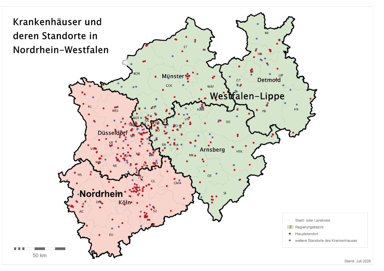 Grafik in Form einer Landkarte von Nordrhein-Westfalen mit eingezeichneten Standorten aller Krankenhäuser