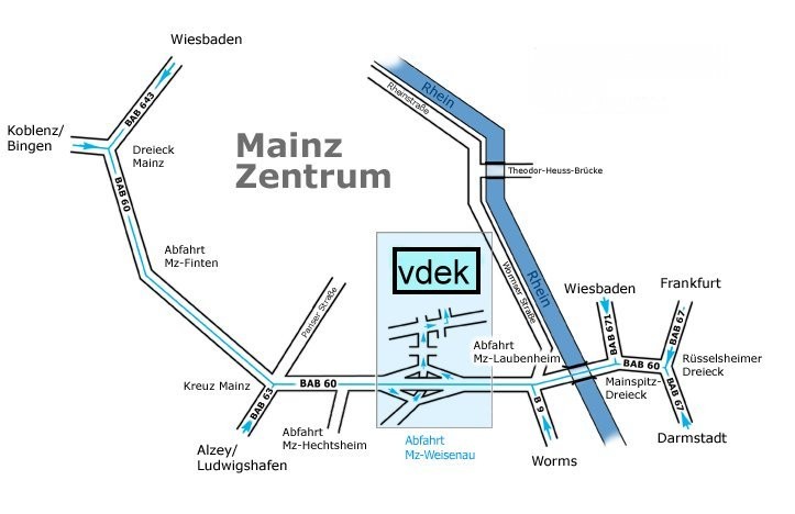Kartenausschnitt mit eingezeichneten Anfahrtswegen zur vdek-Landesvertretung RLP