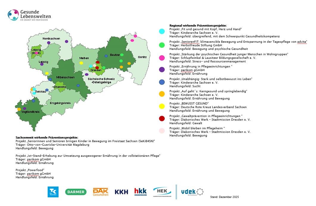 Landkarte Gesunde Lebenswelten Prävention in Sachsen