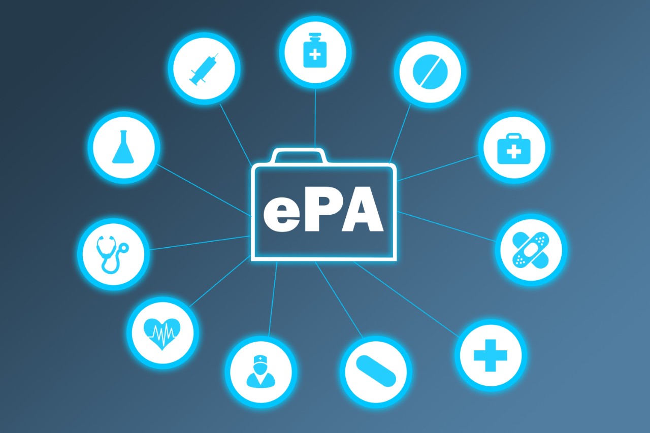 Vernetzung mit der ePA elektronische Patientenakte und vielen Symbolen aus dem medizinischen Bereich Vernetzung mit der ePA elektronische Patientenakte und vielen Symbolen aus dem medizinischen Bereich