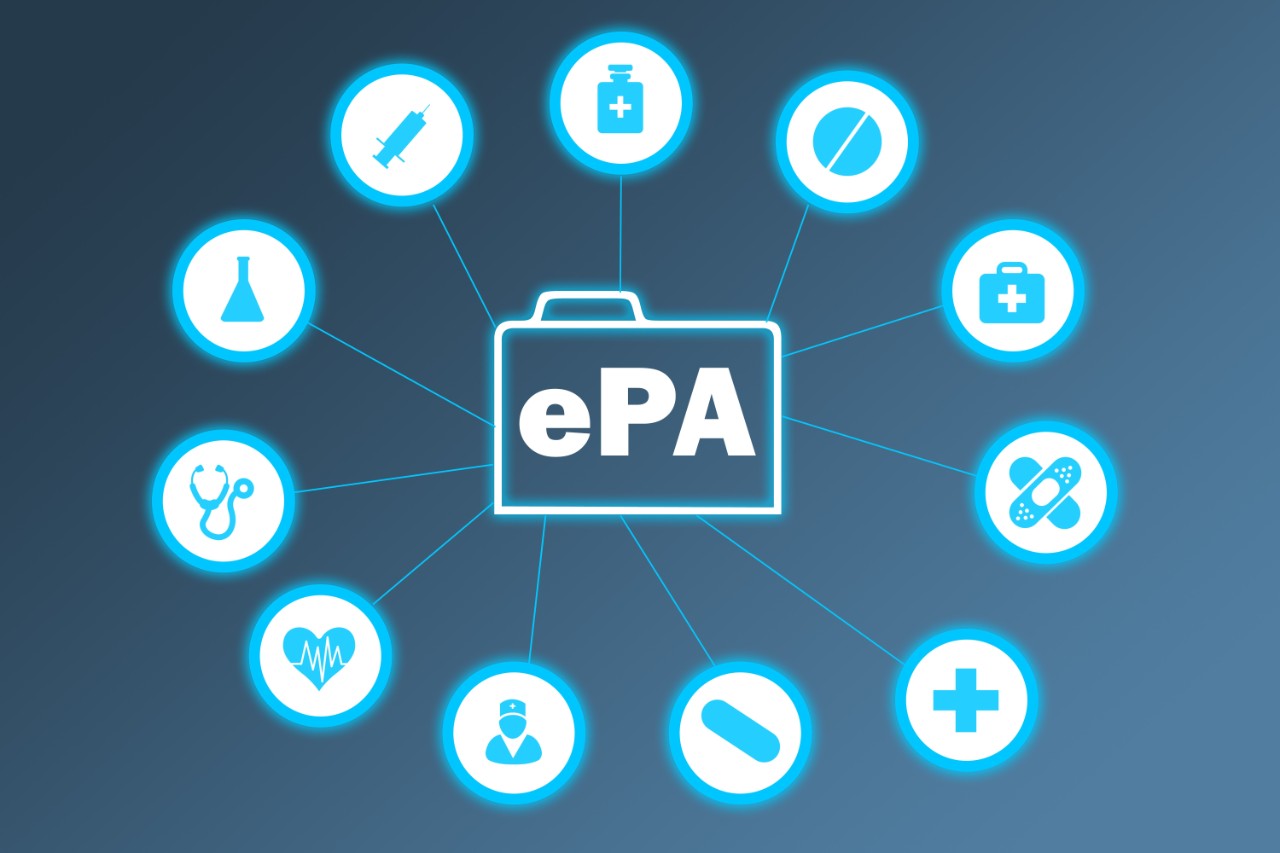 Vernetzung mit der ePA elektronische Patientenakte und vielen Symbolen aus dem medizinischen Bereich