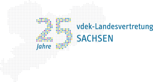 VDEK WBM 25 Jahre, Logo von LV-Jubiläum, Schriftzug 25 Jahre vdek-Landesvertretung Sachsen vor Landkarte von Sachsen.