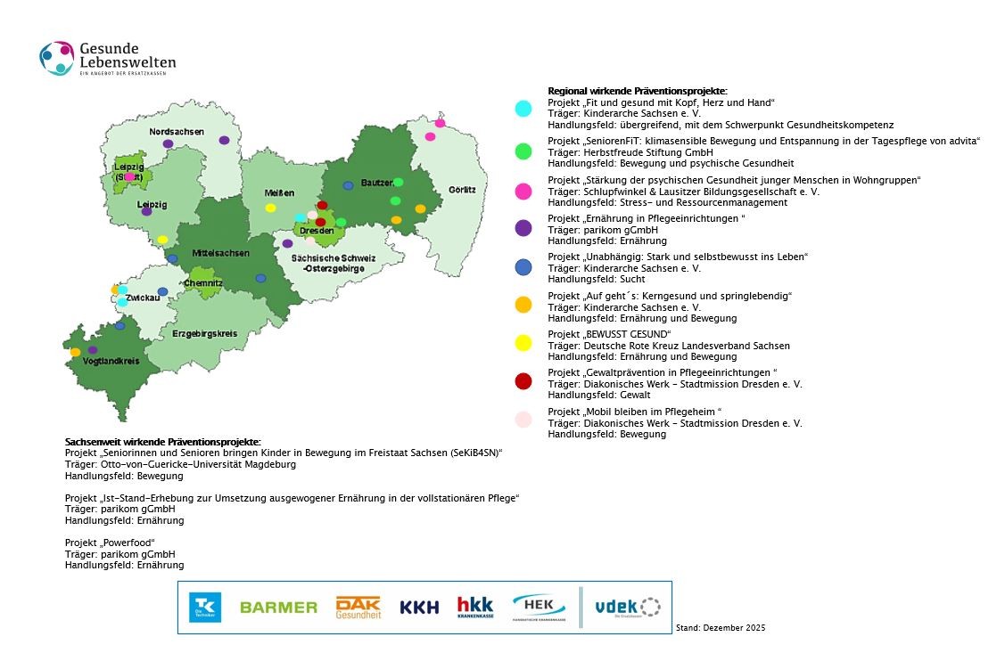 Landkarte Gesunde Lebenswelten Prävention in Sachsen