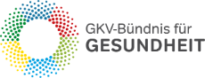 Logo GKV-Bündnis für Gesundheit, Links im Bild ist ein Kreis aus Punkten in sechs Farben (jeweils ein Feld in hellem und dunklem Grün und Blau sowie eines Rot und in Gelb). Schriftzug "GKV-Bündnis für Gesundheit" steht rechts daneben in dunklem Grau.