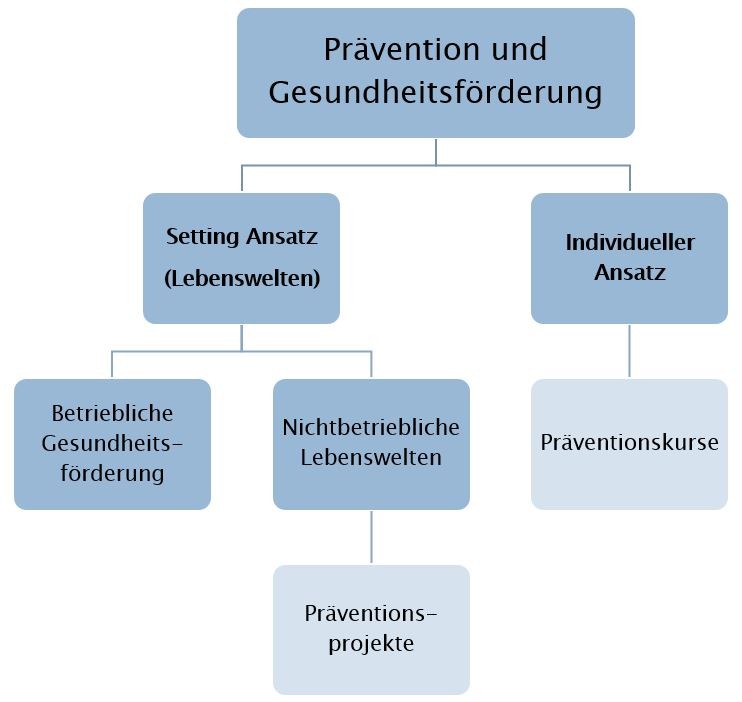 Grafik Prävention und Gesundheitsförderung, Hierarchie von "Prävention und Gesundheitsförderung" in Blautönen. Aufgliederung links in "Setting Ansatz (Lebenswelten)", Unteraufgliederung in "Betriebliche Gesundheitsförderung" sowie "Nichtbetriebliche Lebenswelten" mit Unterpunkt "Präventionsprojekte". Aufgliederung rechts in "Individueller Ansatz" mit Unterpunkt "Präventionskurse".