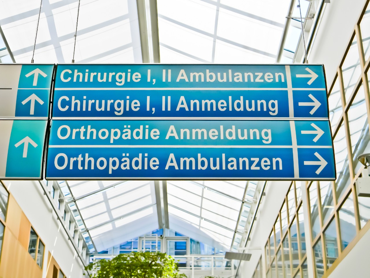 Klinikwegweiser, Im Vordergrund hängt ein Wegweiserschild eines Klinikfoyers vor einem Glasdach im Hintergrund. Das blaue Schild weist den Weg zur Chirurgie und zur Orthopädie