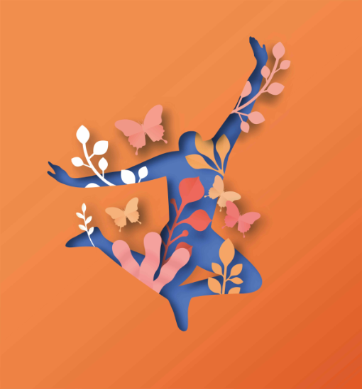People jumping silhouette with papercut leaves