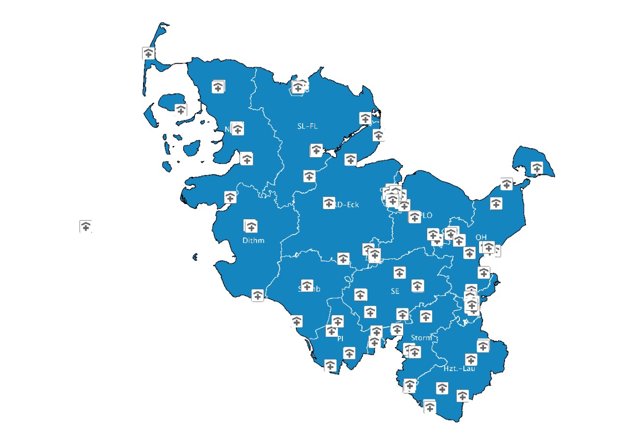 Karte von Schleswig-Holstein mit eingezeichneten Standorten von Krankenhäusern Karte von Schleswig-Holstein mit eingezeichneten Standorten von Krankenhäusern
