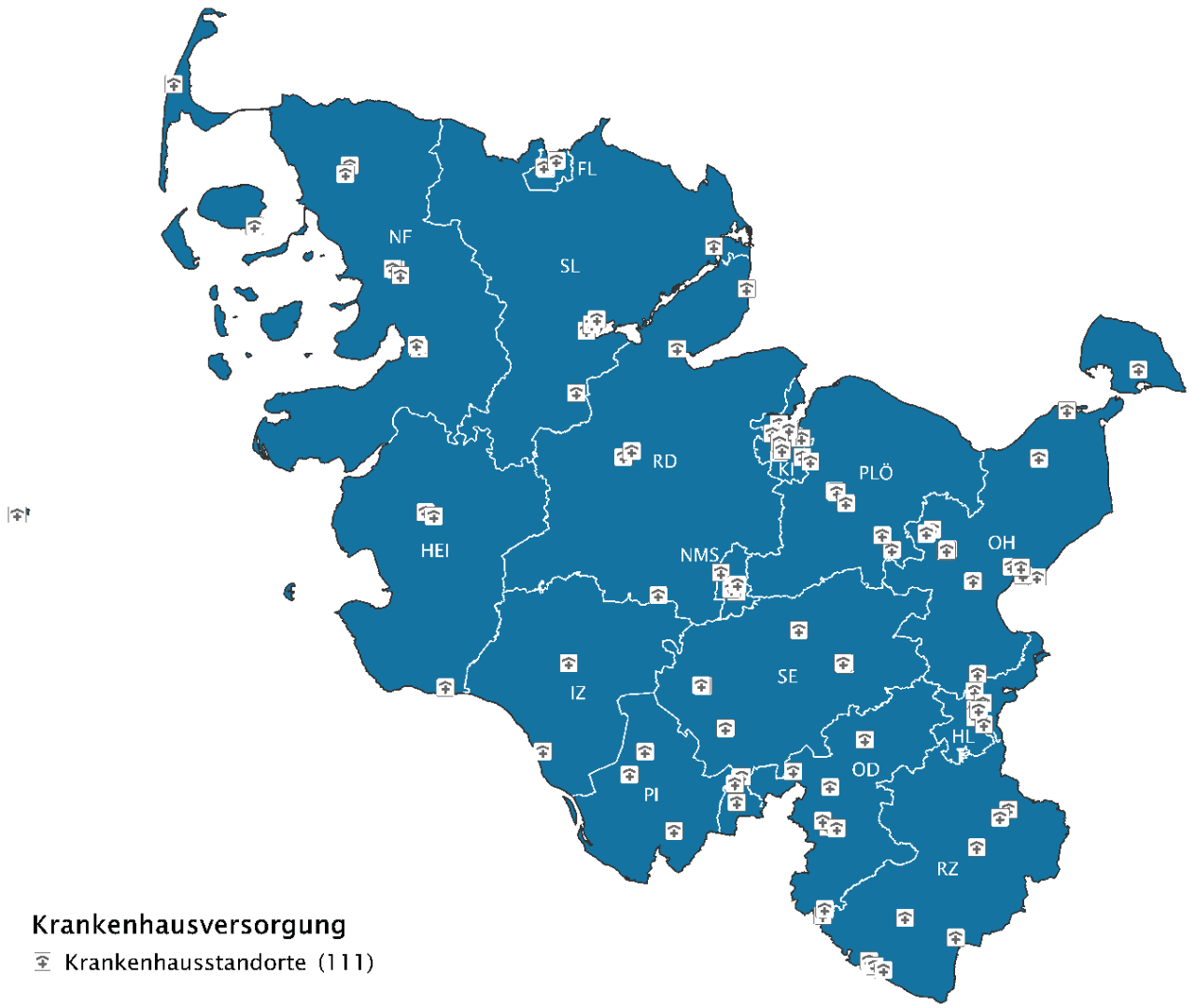 Krankenhausstandorte in Schleswig-Holstein 2023