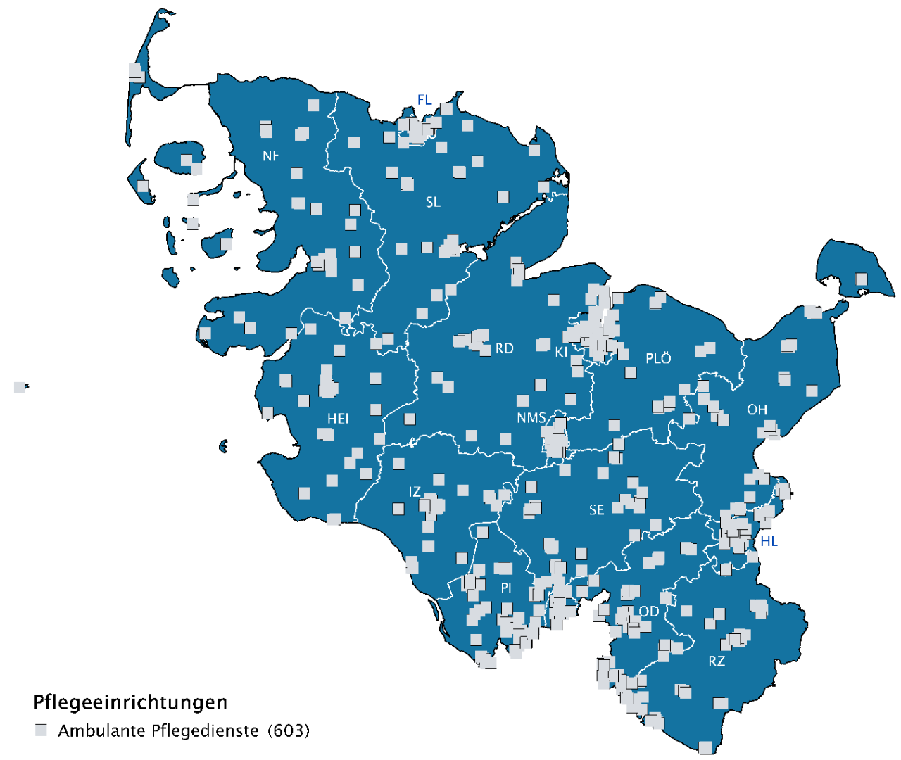 Landkarte von Schleswig-Holstein mit den Standorten der ambulanten Pflegedienste