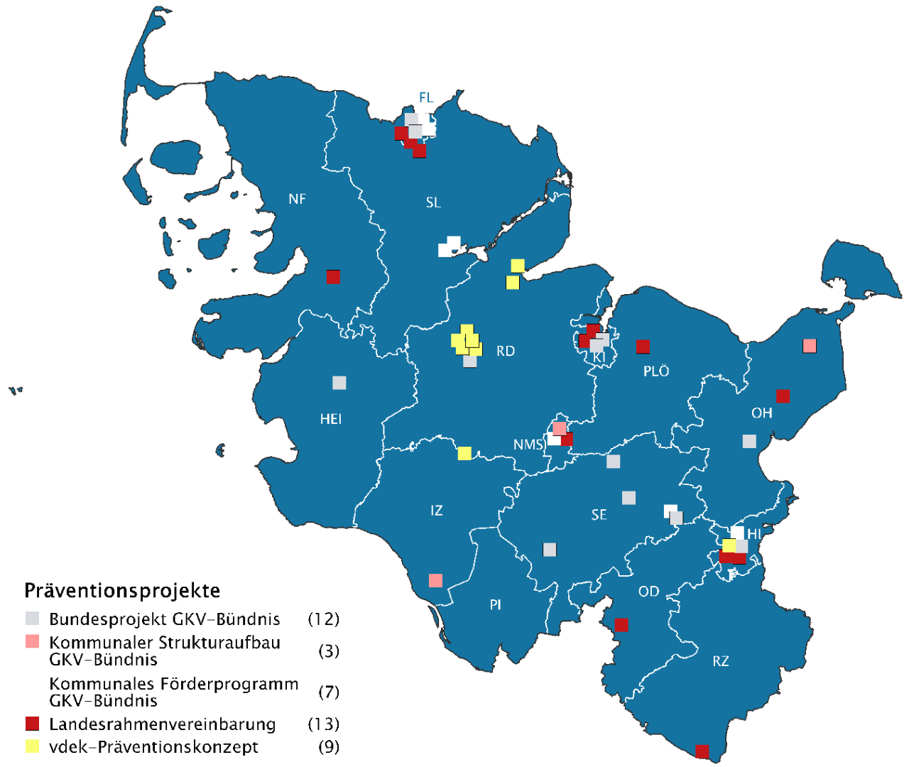 Landkarte von Schleswig-Holstein in blau mit farbigen Punkten, die die Standorte der 2023 aktiven Präventionsprojekte markieren