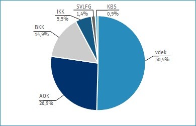 Tortendiagramm mit den Marktanteilen der sechs Kassenarten in Schleswig-Holstein 2022 Tortendiagramm mit den Marktanteilen der sechs Kassenarten in Schleswig-Holstein 2022