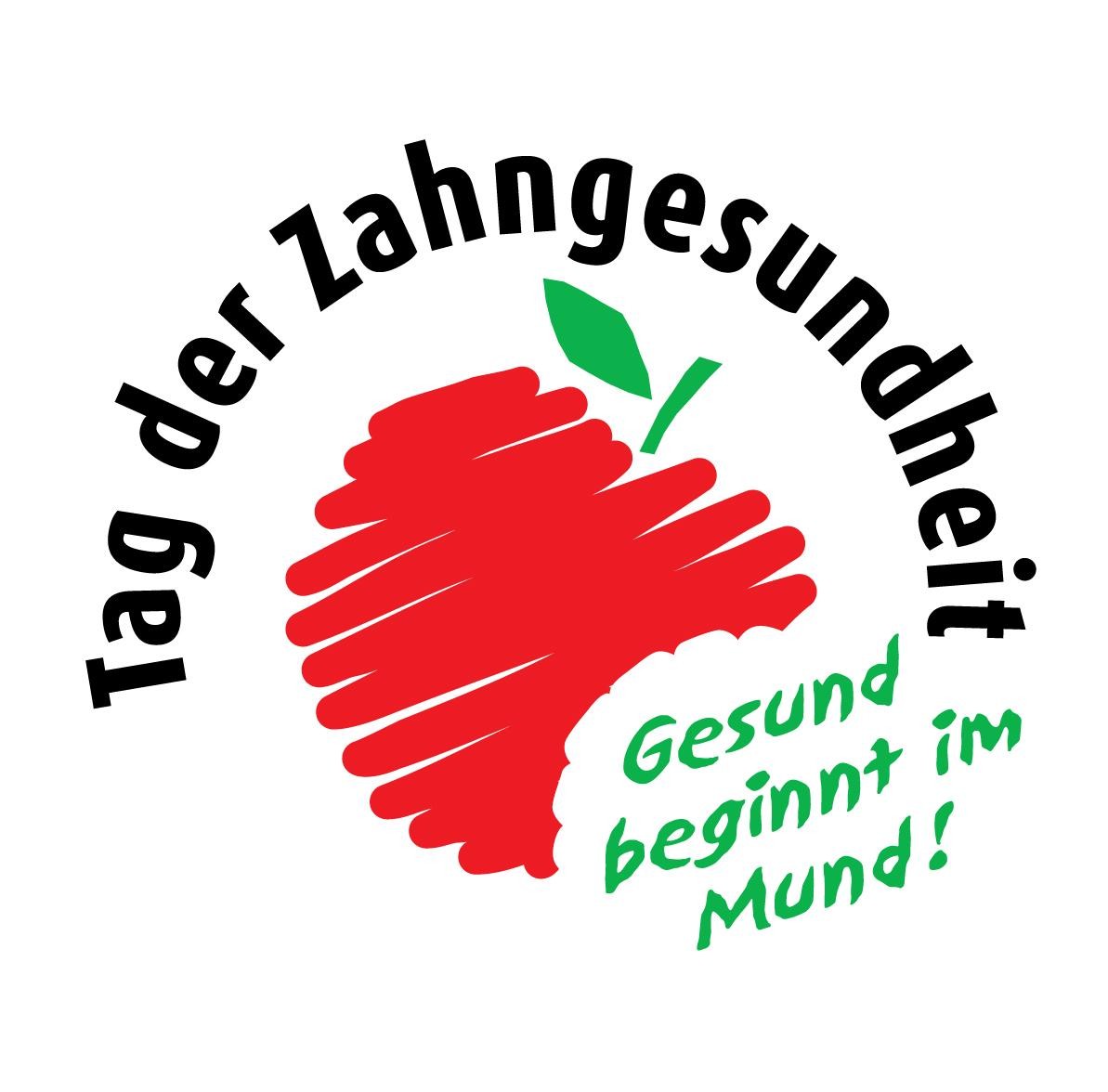 Ein stilisierter angebissener roter Apfel mit dem Schriftzug Tag der Zahngesundheit - Gesund beginnt im Mund! Ein stilisierter angebissener roter Apfel mit dem Schriftzug Tag der Zahngesundheit - Gesund beginnt im Mund!