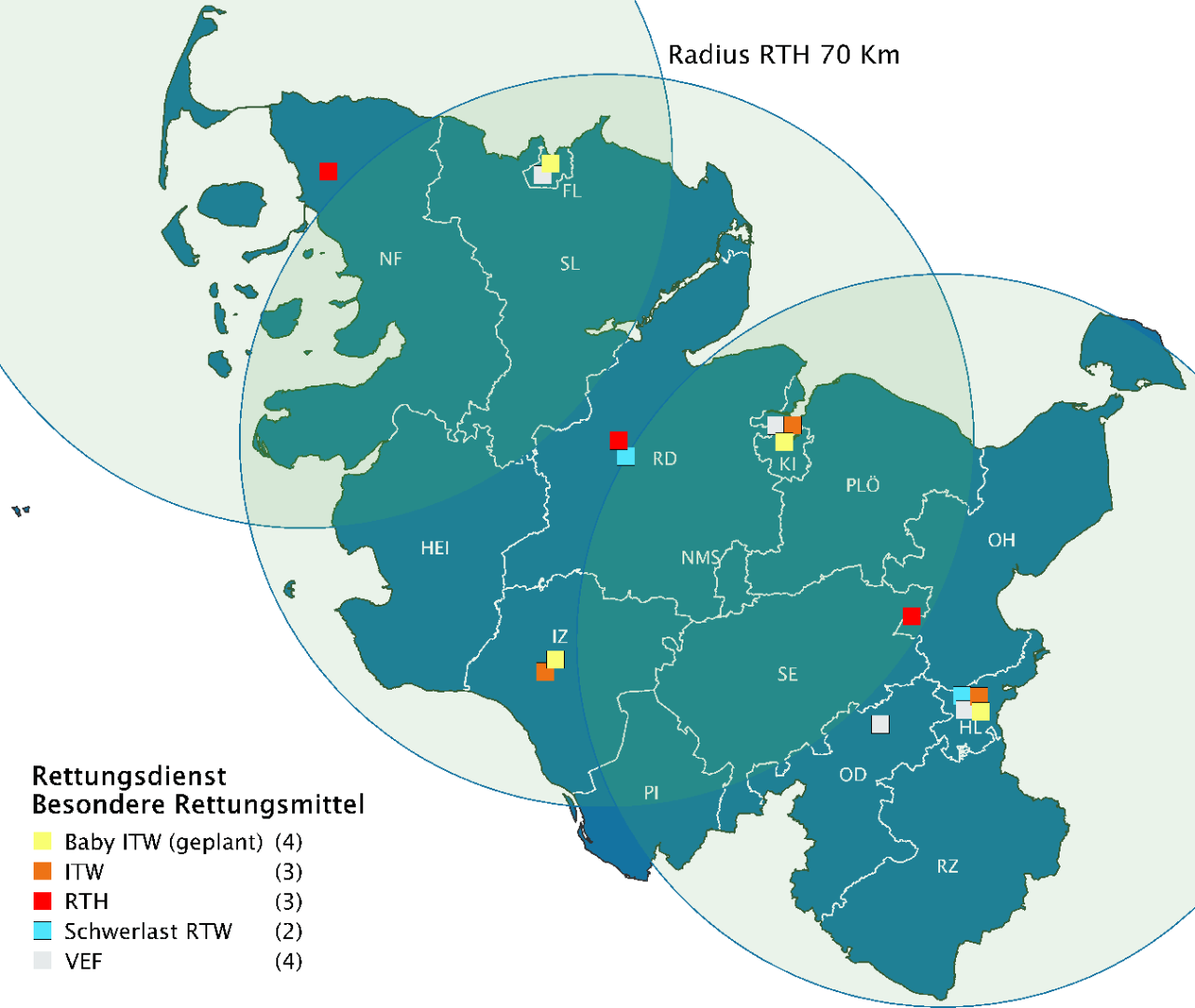 Landkarte von Schleswig-Holstein in blau, auf der die Standorte der besonderen Rettungsmittel und die Einsatzradien der Rettungshubschrauber farbig markiert sind