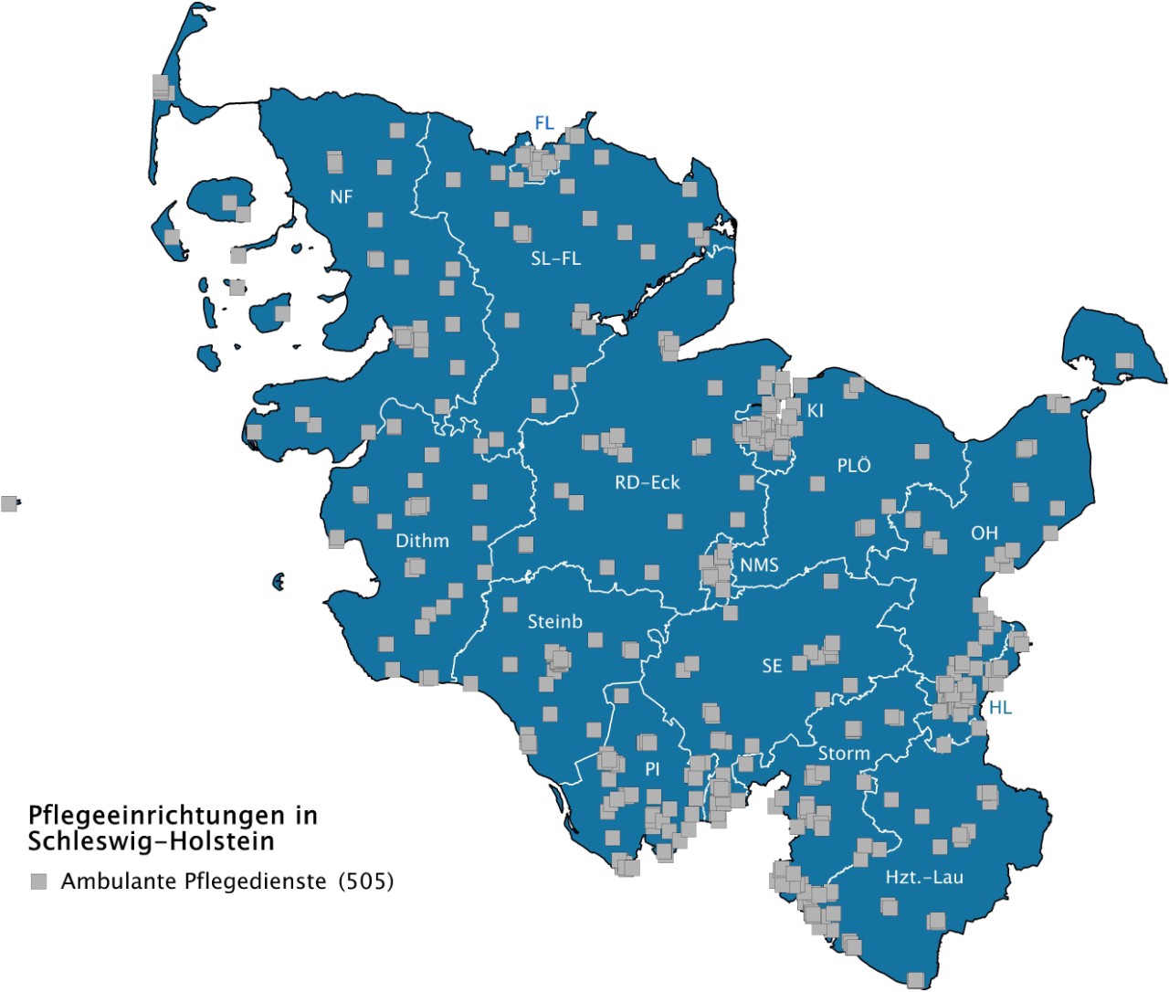 Karte Schleswig-Holstein mit den einzelnen ambulanten Pflegeeinrichtungen Karte Schleswig-Holstein mit den einzelnen ambulanten Pflegeeinrichtungen