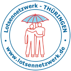 Kreisrundes Symbol, in dessen Zentrum zwei rote Silhouetten unter einem blauen Regenschirm stehen. Drumherum steht Lotsennetzwerk Thüringen und lotsennetzwerk.de