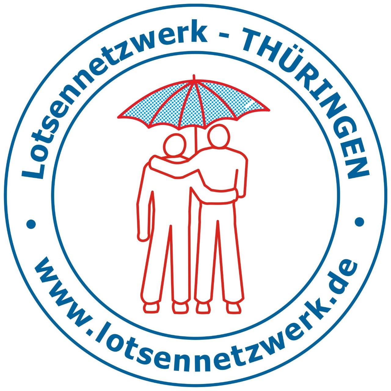 Kreisrundes Symbol, in dessen Zentrum zwei rote Silhouetten unter einem blauen Regenschirm stehen. Drumherum steht Lotsennetzwerk Thüringen und lotsennetzwerk.de