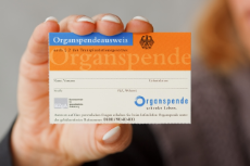 Eine Frau hält einen Organspendeausweis in die Kamera