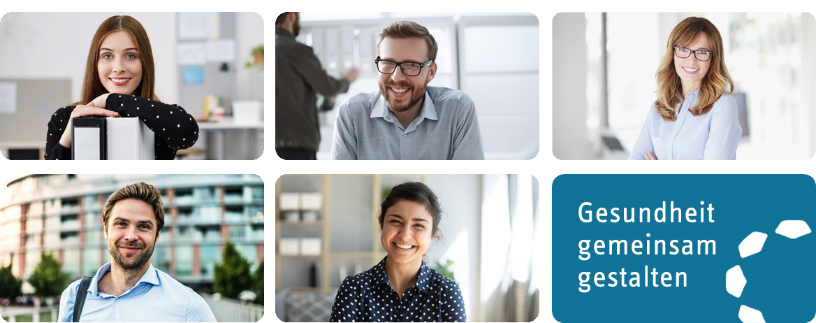 Fünf lachende Personen und der Schriftzug „Gesundheit gemeinsam gestalten“