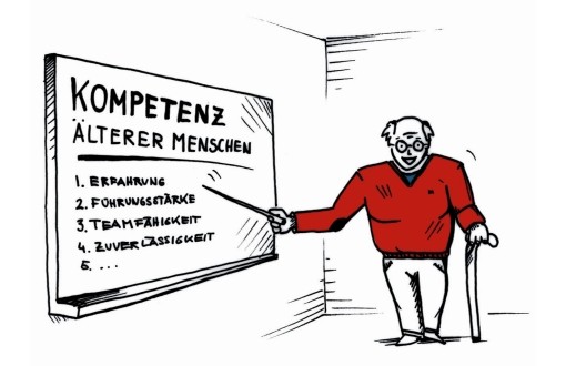 Grafik: lächelnder Senior am Gehstock steht vor einer Tafel, auf der steht: Kompetenz älterer Menschen: Erfahrung, Führungsstärke, Teamfähigkeit, Zuverlässigkeit Grafik: lächelnder Senior am Gehstock steht vor einer Tafel, auf der steht: Kompetenz älterer Menschen: Erfahrung, Führungsstärke, Teamfähigkeit, Zuverlässigkeit