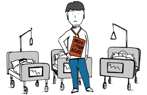 Grafik zur Organspende: drei Krankenbetten und ein Mann, der ein Schild mit der Aufschrift "Organspendeausweis" um den Hals trägt, steht vor den Krankenbetten