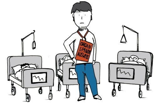 Grafik zur Organspende: drei Krankenbetten und ein Mann, der ein Schild mit der Aufschrift "Organspendeausweis" um den Hals trägt, steht vor den Krankenbetten Grafik zur Organspende: drei Krankenbetten und ein Mann, der ein Schild mit der Aufschrift "Organspendeausweis" um den Hals trägt, steht vor den Krankenbetten