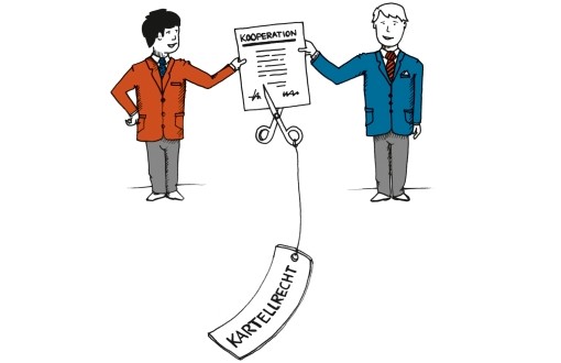 Grafik: zwei Männer, stellvertretend für die GKV, stehen und halten mit der jeweils einen Hand einen Zettel (darauf steht: Kooperation) hoch, eine Schere liegt symbolisch an und zerschneidet vermeintlich dieses Blatt, an der Schere baumelt ein Schild (darauf steht: Kartellrecht) Grafik: zwei Männer, stellvertretend für die GKV, stehen und halten mit der jeweils einen Hand einen Zettel (darauf steht: Kooperation) hoch, eine Schere liegt symbolisch an und zerschneidet vermeintlich dieses Blatt, an der Schere baumelt ein Schild (darauf steht: Kartellrecht)