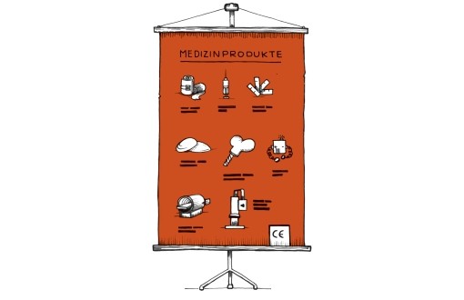 Grafik: Darstellung einer Tafel, auf der Medizinprodukte, wie eine Spritze oder ein Computertomografgerät, abgebildet sind. Grafik: Darstellung einer Tafel, auf der Medizinprodukte, wie eine Spritze oder ein Computertomografgerät, abgebildet sind.