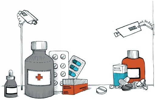 Grafik: Anordnung von Medikamentenpackungen, Tabletten und Fläschchen Grafik: Anordnung von Medikamentenpackungen, Tabletten und Fläschchen