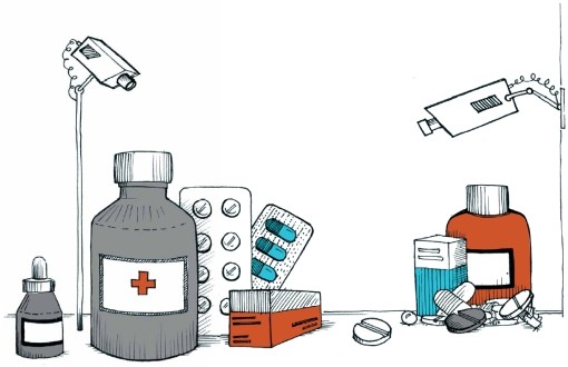 Grafik: Anordnung von Medikamentenpackungen, Tabletten und Fläschchen 