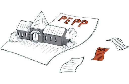 Grafik: Darstellung von einem Haus mit Turm und großen Eingangstor, daneben Baum und Sträucher, Haus auf einem stilisierten Zettel dargestellt, auf dem PEPP (für: Pauschalierende Entgelte für Psychiatrie und Psychosomatik), rechts unten im Bild drei weitere Zettel Grafik: Darstellung von einem Haus mit Turm und großen Eingangstor, daneben Baum und Sträucher, Haus auf einem stilisierten Zettel dargestellt, auf dem PEPP (für: Pauschalierende Entgelte für Psychiatrie und Psychosomatik), rechts unten im Bild drei weitere Zettel
