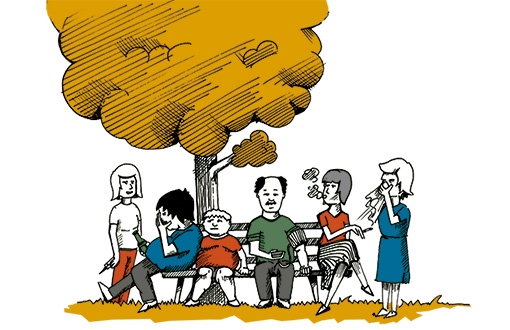 Grafik: Baum und Parkbank, darauf sitzen Männer, Frauen und Kinder mit Volkskrankheiten wie Übergewicht, Bluthochdruck, Rauchen und Trinken.