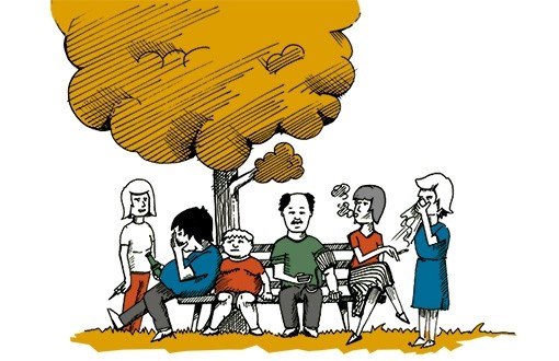 Grafik: Baum und Parkbank, darauf sitzen Männer, Frauen und Kinder mit Volkskrankheiten wie Übergewicht, Bluthochdruck, Rauchen und Trinken. Grafik: Baum und Parkbank, darauf sitzen Männer, Frauen und Kinder mit Volkskrankheiten wie Übergewicht, Bluthochdruck, Rauchen und Trinken.