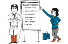 Grafik: links ein Arzt und rechts eine Frau die die GKV symbolisiert und in der Mitte ein Flipchart   